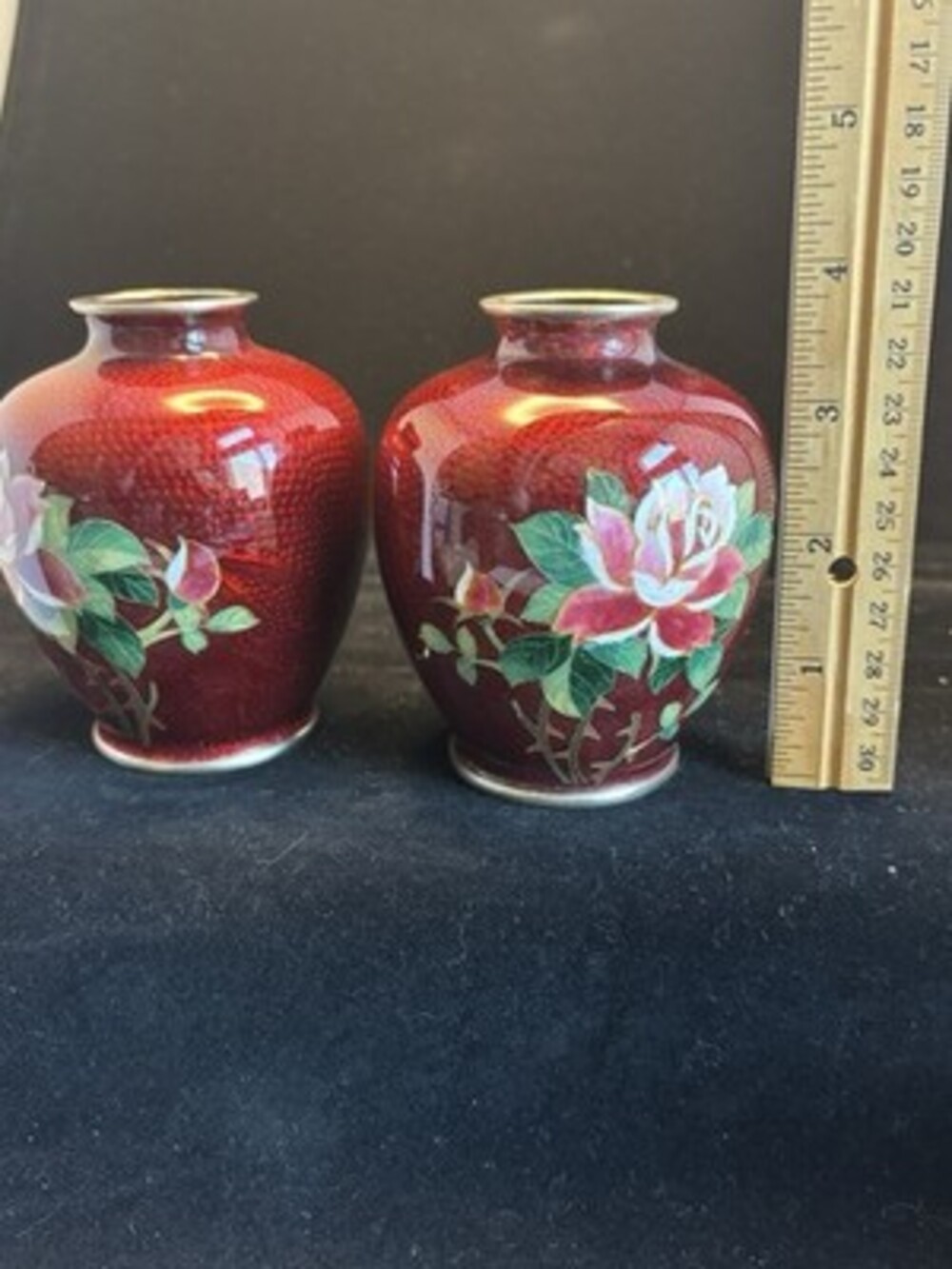 Pair Hand Pigeon Blood Red Floral Enamel Metal Miniature Vases 4in Tall Glossy